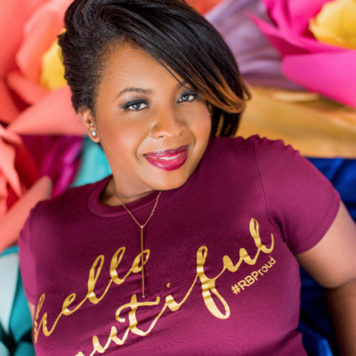 Woman modeling Burgundy and Gold Foil "Hello Beautiful" Tee
