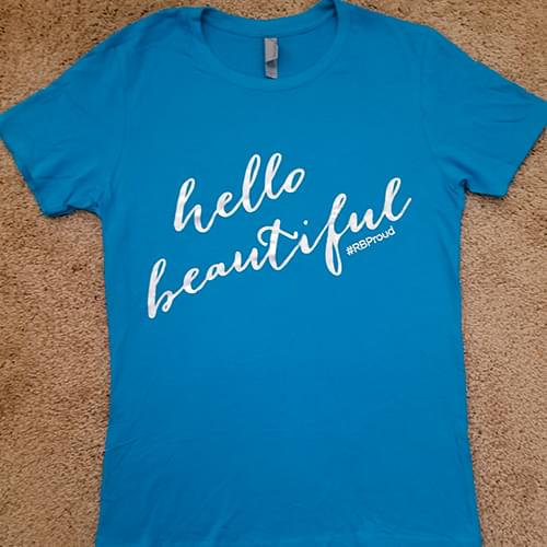 Women's Silver Foil "Hello Beautiful" on Turquoise Tee - Image 2