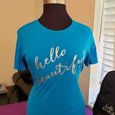 Women's Silver Foil "Hello Beautiful" on Turquoise Tee